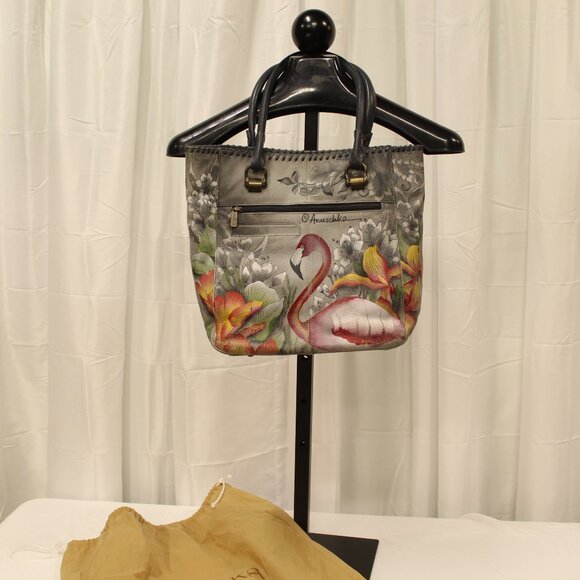 Anuschka Gray and Pink Flamingo Shoulder Bag - Picture 1 of 13